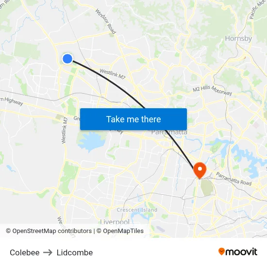 Colebee to Lidcombe map
