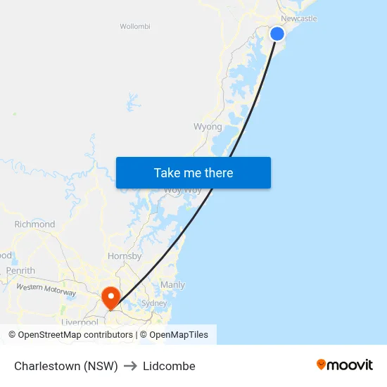 Charlestown (NSW) to Lidcombe map