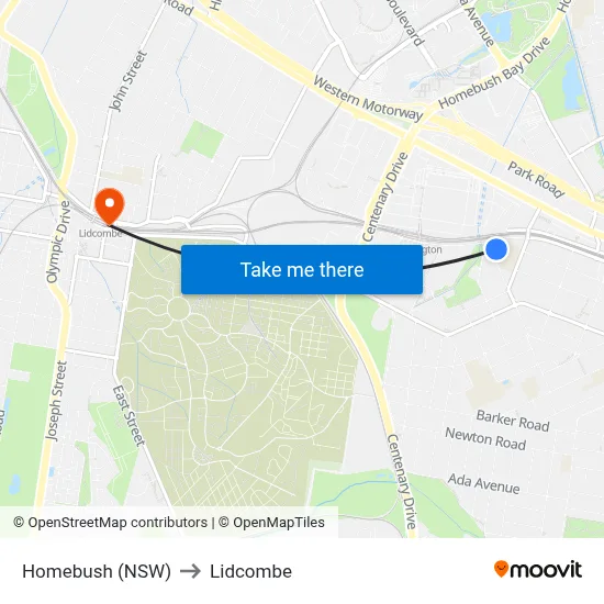 Homebush (NSW) to Lidcombe map