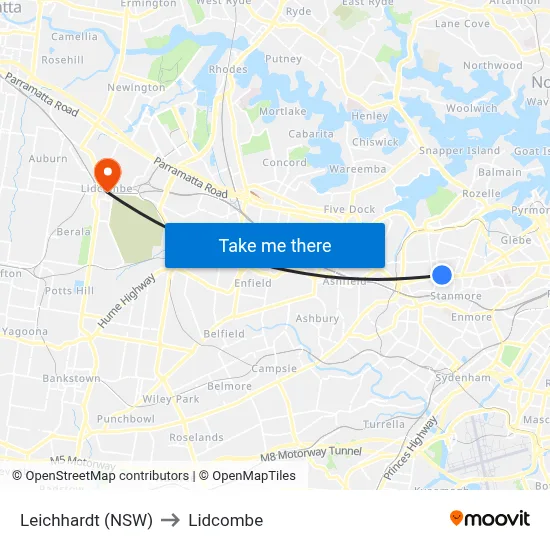 Leichhardt (NSW) to Lidcombe map