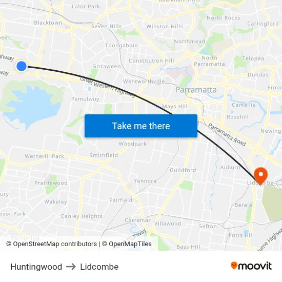 Huntingwood to Lidcombe map
