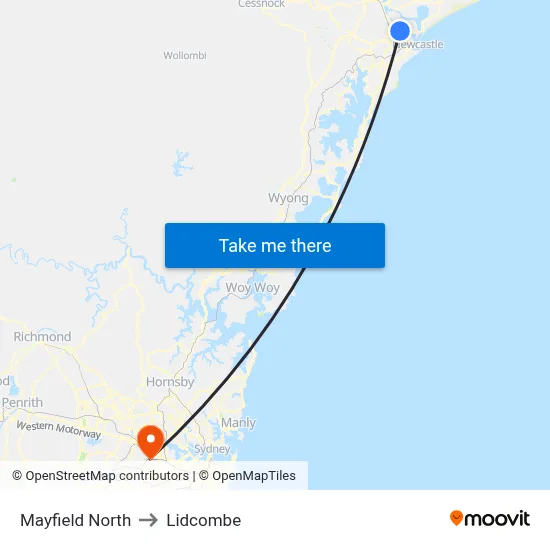 Mayfield North to Lidcombe map