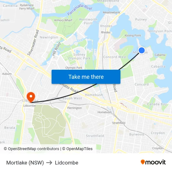 Mortlake (NSW) to Lidcombe map