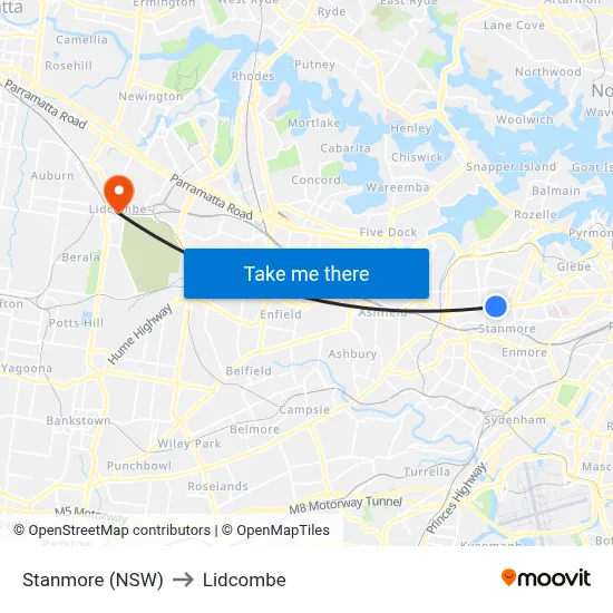 Stanmore (NSW) to Lidcombe map