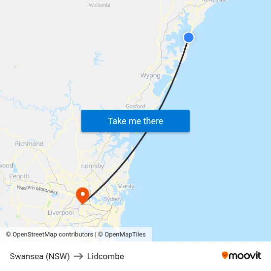 Swansea (NSW) to Lidcombe map