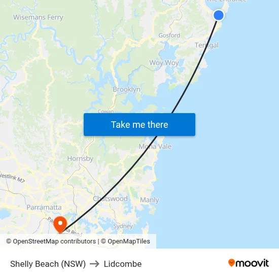 Shelly Beach (NSW) to Lidcombe map