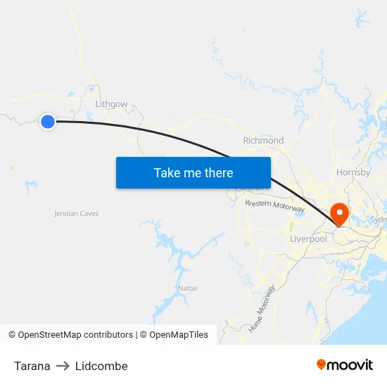 Tarana to Lidcombe map