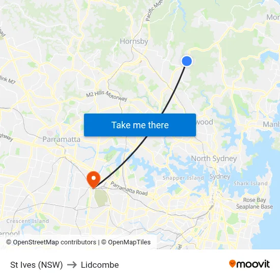 St Ives (NSW) to Lidcombe map