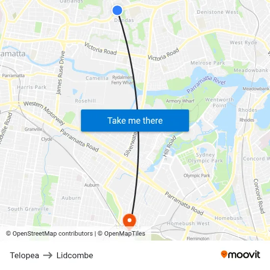 Telopea to Lidcombe map