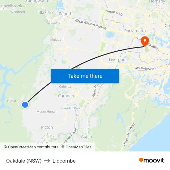Oakdale (NSW) to Lidcombe map