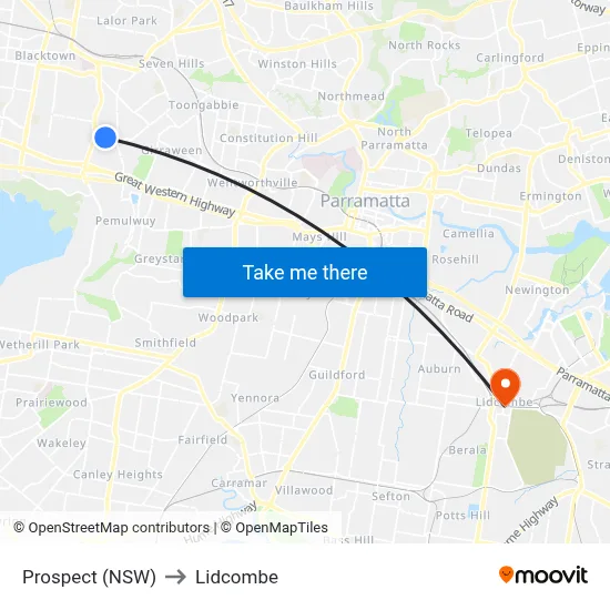 Prospect (NSW) to Lidcombe map
