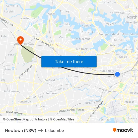 Newtown (NSW) to Lidcombe map