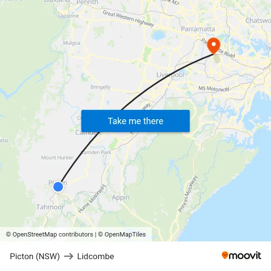 Picton (NSW) to Lidcombe map