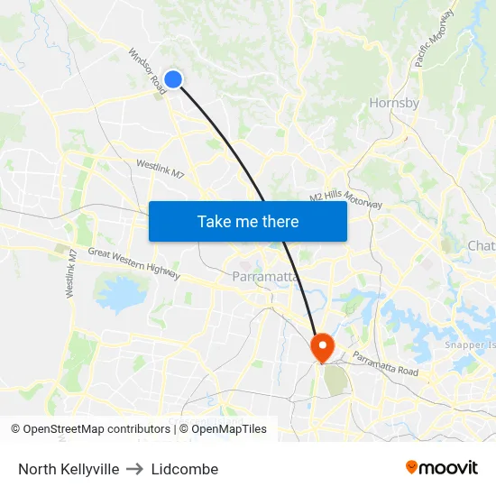 North Kellyville to Lidcombe map