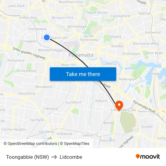 Toongabbie (NSW) to Lidcombe map