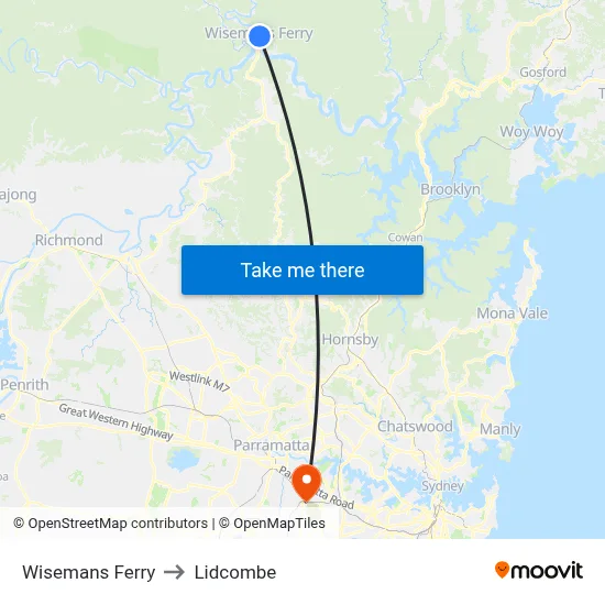 Wisemans Ferry to Lidcombe map