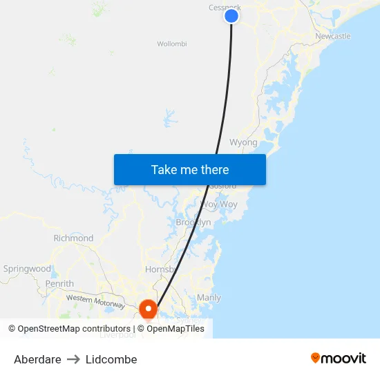 Aberdare to Lidcombe map