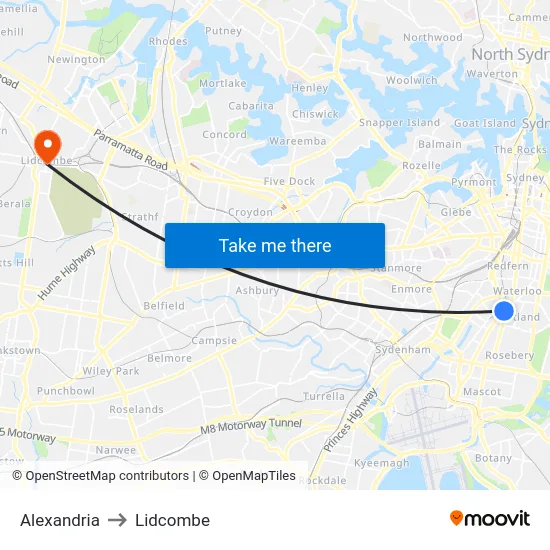 Alexandria to Lidcombe map