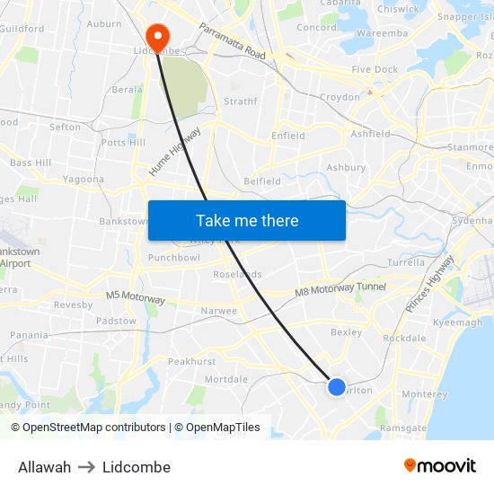 Allawah to Lidcombe map