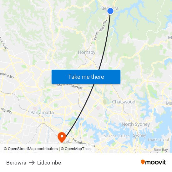 Berowra to Lidcombe map