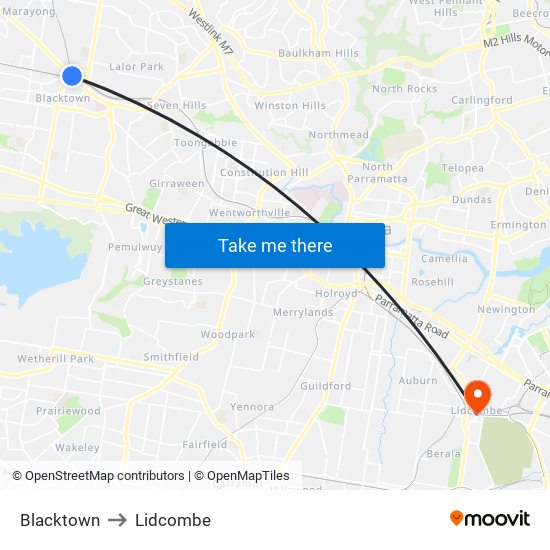 Blacktown to Lidcombe map