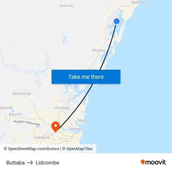Buttaba to Lidcombe map