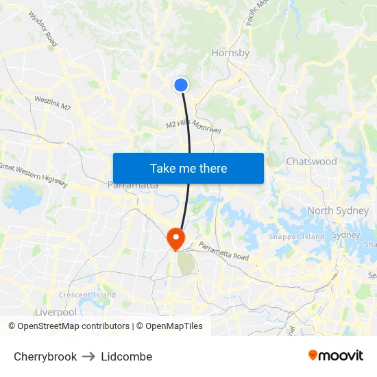 Cherrybrook to Lidcombe map