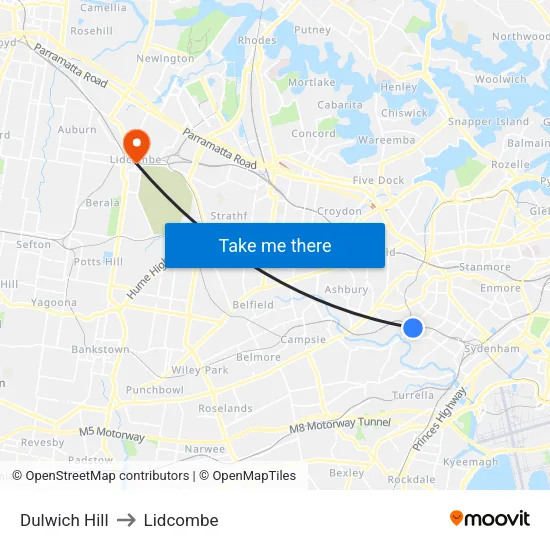 Dulwich Hill to Lidcombe map
