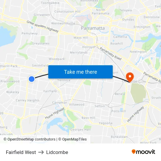 Fairfield West to Lidcombe map