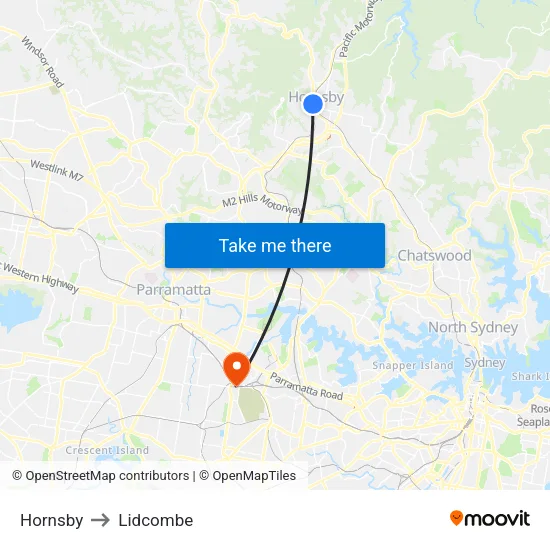 Hornsby to Lidcombe map