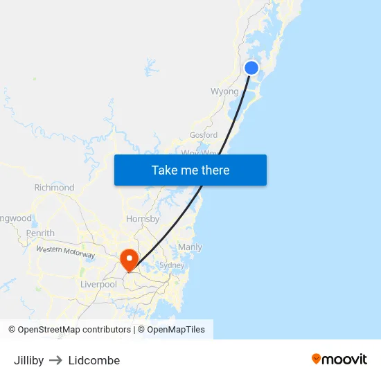 Jilliby to Lidcombe map