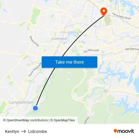 Kentlyn to Lidcombe map