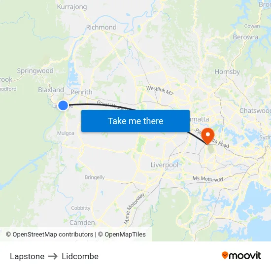 Lapstone to Lidcombe map