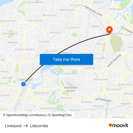 Liverpool to Lidcombe map