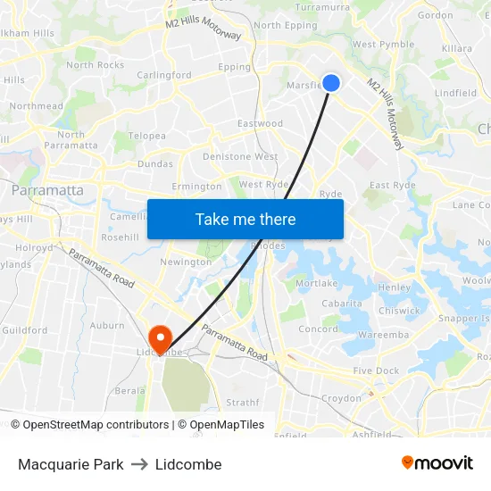 Macquarie Park to Lidcombe map