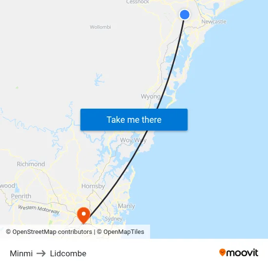 Minmi to Lidcombe map