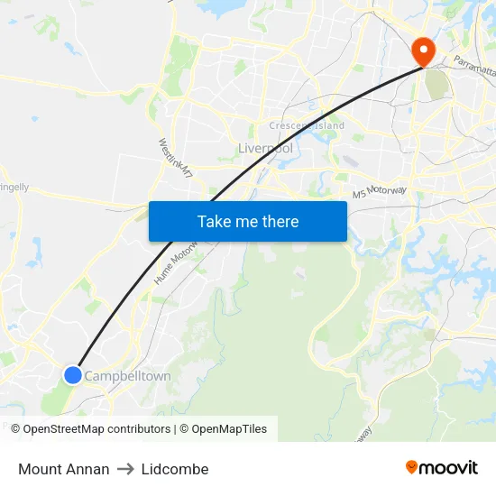 Mount Annan to Lidcombe map