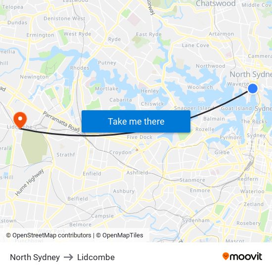 North Sydney to Lidcombe map