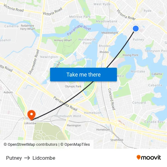 Putney to Lidcombe map