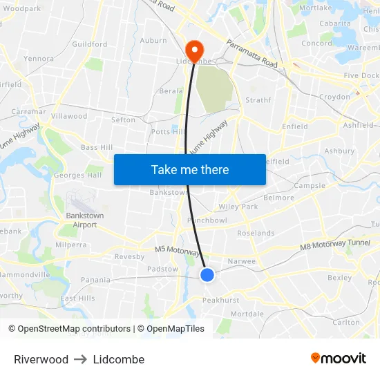 Riverwood to Lidcombe map