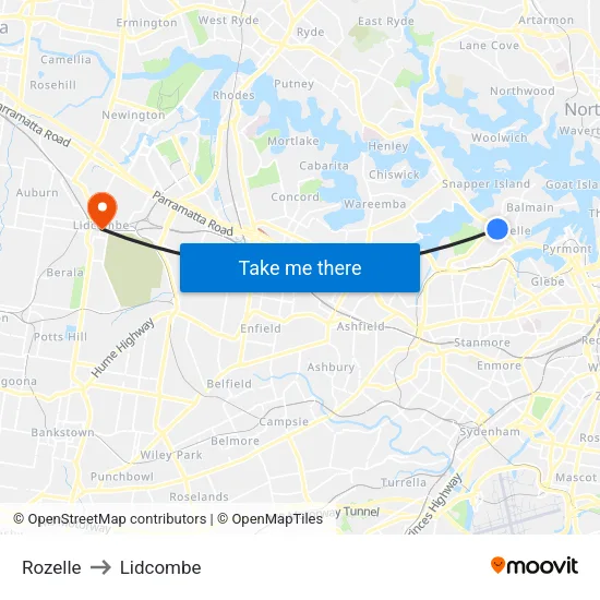 Rozelle to Lidcombe map