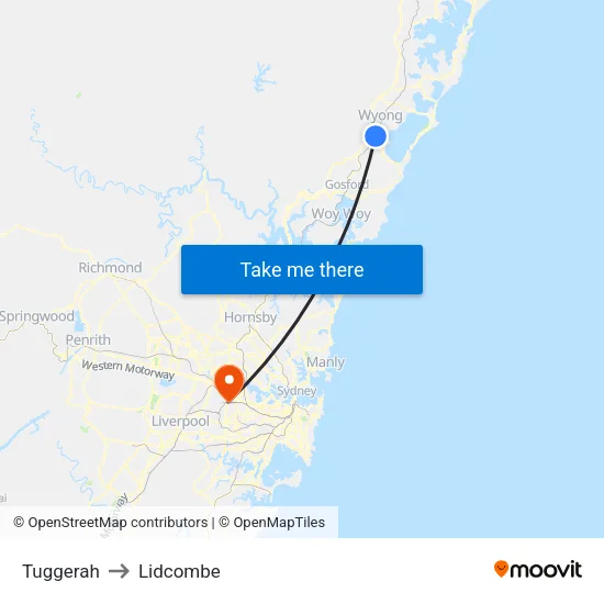 Tuggerah to Lidcombe map