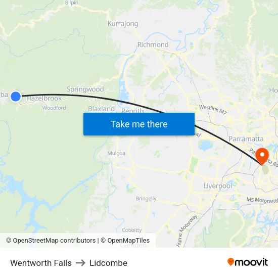 Wentworth Falls to Lidcombe map