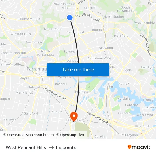 West Pennant Hills to Lidcombe map