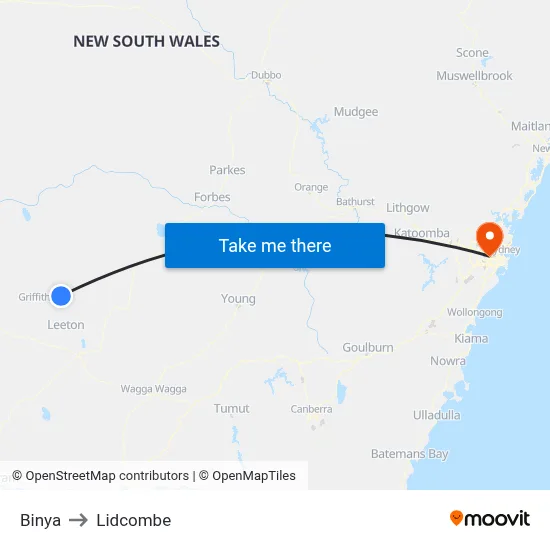Binya to Lidcombe map