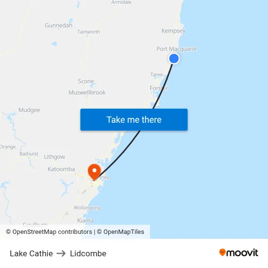 Lake Cathie to Lidcombe map