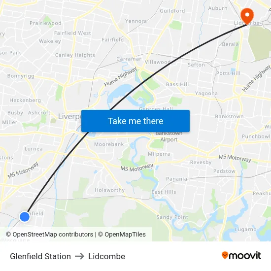 Glenfield Station to Lidcombe map