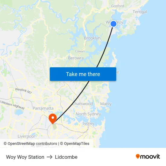 Woy Woy Station to Lidcombe map