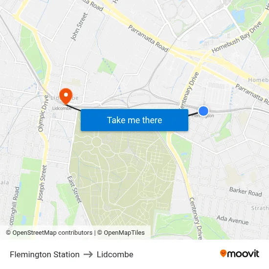 Flemington Station to Lidcombe map