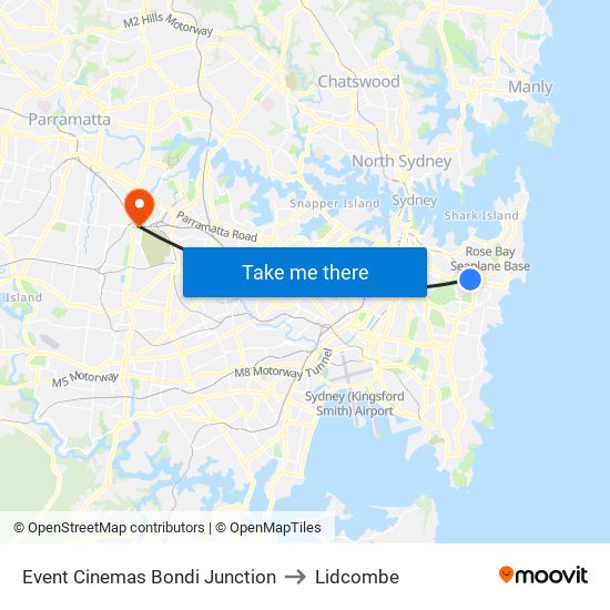 Event Cinemas Bondi Junction to Lidcombe map